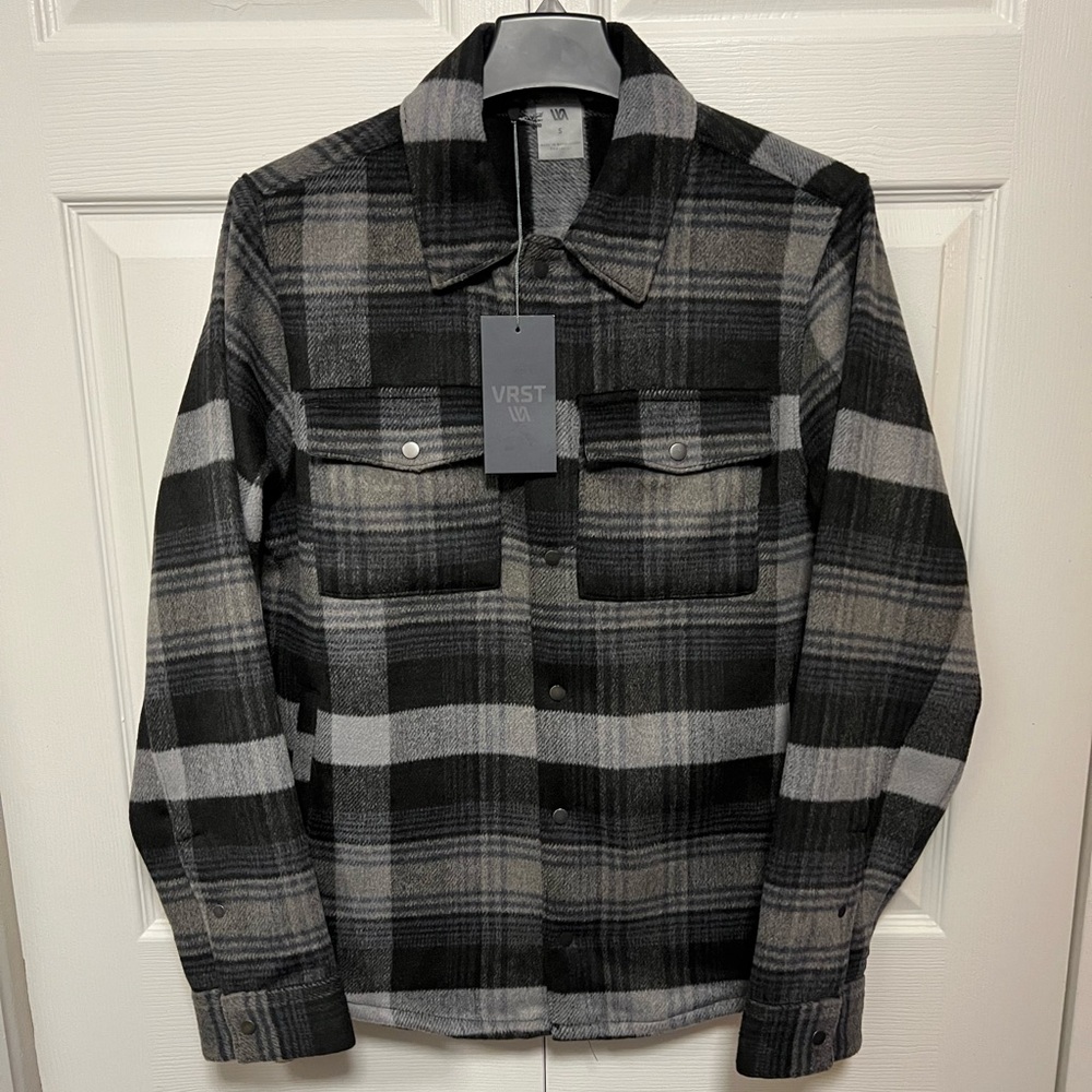VRST Men's Snap Front Plaid Shirt Jacket Wool Blend - Black & Gray | Size SM